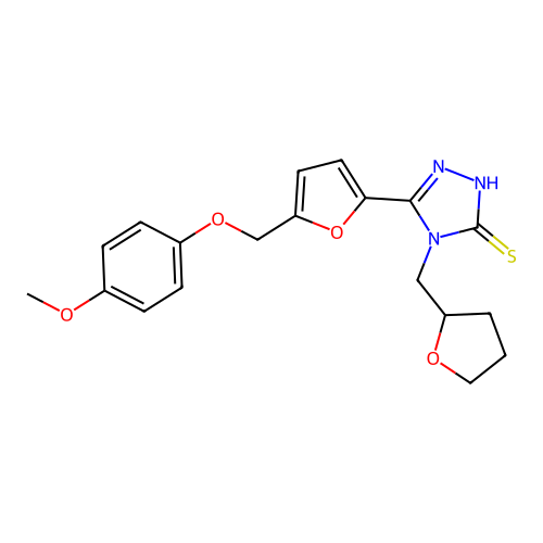 3-[5-[(4-methoxyphenoxy)methyl]furan-2-yl]-4-(oxolan-2-ylmethyl)-1H-1,2,4-triazole-5-thione structure