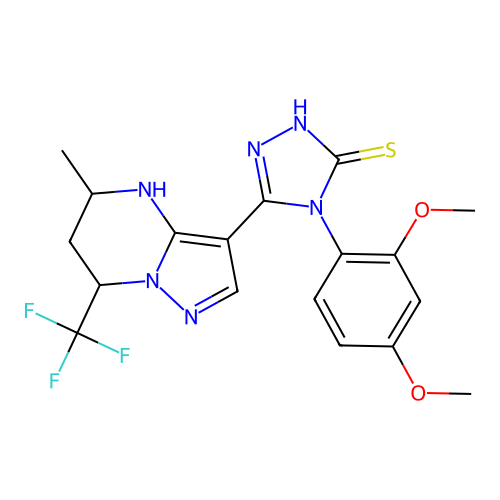 4-(2,4-dimethoxyphenyl)-3-[5-methyl-7-(trifluoromethyl)-1,5,6,7-tetrahydropyrazolo[1,5-a]pyrimidin-3-yl]-1H-1,2,4-triazole-5-thione structure