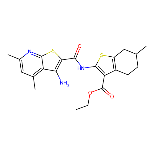 ethyl 2-{[(3-amino-4,6-dimethylthieno[2,3-b]pyridin-2-yl)carbonyl]amino}-6-methyl-4,5,6,7-tetrahydro-1-benzothiophene-3-carboxylate structure