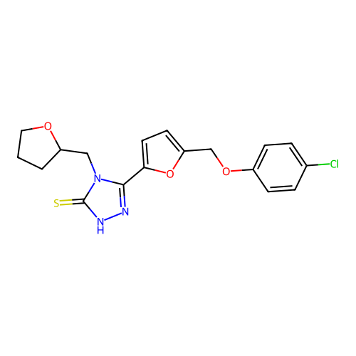 3-[5-[(4-chlorophenoxy)methyl]furan-2-yl]-4-(oxolan-2-ylmethyl)-1H-1,2,4-triazole-5-thione structure
