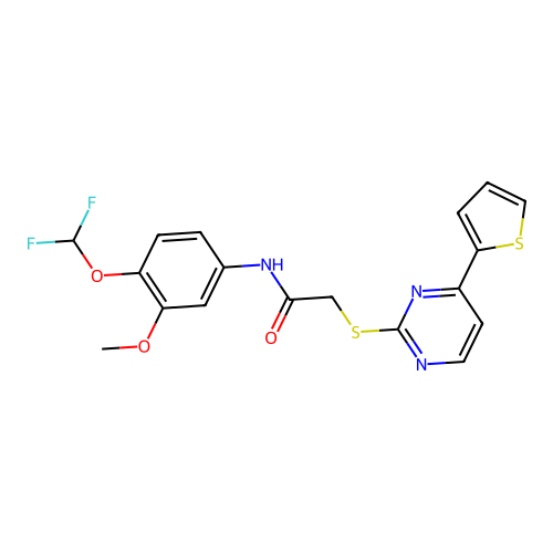 N-[4-(difluoromethoxy)-3-methoxyphenyl]-2-(4-thiophen-2-ylpyrimidin-2-yl)sulfanylacetamide structure