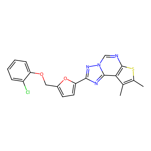 2-(5-((2-chlorophenoxy)methyl)furan-2-yl)-8,9-dimethylthieno[3,2-e][1,2,4]triazolo[1,5-c]pyrimidine structure