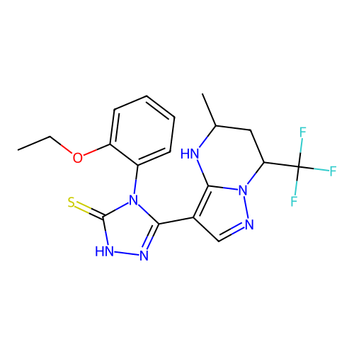4-(2-ethoxyphenyl)-3-[5-methyl-7-(trifluoromethyl)-1,5,6,7-tetrahydropyrazolo[1,5-a]pyrimidin-3-yl]-1H-1,2,4-triazole-5-thione structure