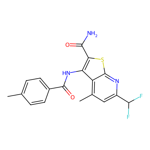6-(difluoromethyl)-4-methyl-3-[(4-methylbenzoyl)amino]thieno[2,3-b]pyridine-2-carboxamide structure
