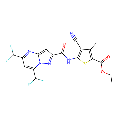 ETHYL 5-({[5,7-BIS(DIFLUOROMETHYL)PYRAZOLO[1,5-A]PYRIMIDIN-2-YL]CARBONYL}AMINO)-4-CYANO-3-METHYL-2-THIOPHENECARBOXYLATE structure