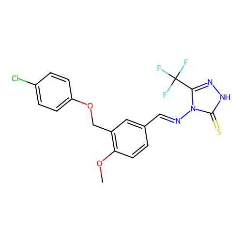 4-[({3-[(4-Chlorophenoxy)methyl]-4-methoxyphenyl}methylidene)amino]-5-(trifluoromethyl)-2,4-dihydro-3H-1,2,4-triazole-3-thione structure