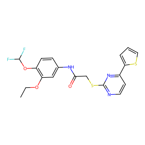N-[4-(difluoromethoxy)-3-ethoxyphenyl]-2-(4-thiophen-2-ylpyrimidin-2-yl)sulfanylacetamide structure