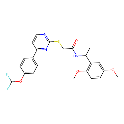 2-[4-[4-(difluoromethoxy)phenyl]pyrimidin-2-yl]sulfanyl-N-[1-(2,5-dimethoxyphenyl)ethyl]acetamide structure