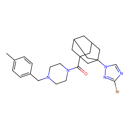 [3-(3-bromo-1,2,4-triazol-1-yl)-1-adamantyl]-[4-[(4-methylphenyl)methyl]piperazin-1-yl]methanone structure