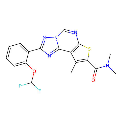 2-[2-(difluoromethoxy)phenyl]-N,N,9-trimethylthieno[3,2-e][1,2,4]triazolo[1,5-c]pyrimidine-8-carboxamide structure