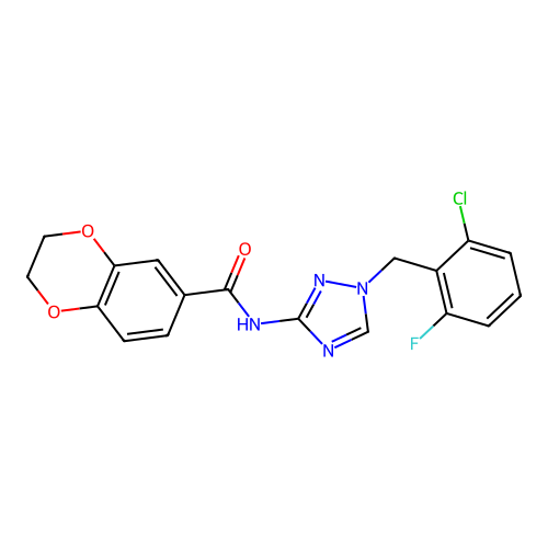 N-[1-(2-chloro-6-fluorobenzyl)-1H-1,2,4-triazol-3-yl]-2,3-dihydro-1,4-benzodioxine-6-carboxamide structure