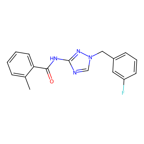 N-[1-[(3-fluorophenyl)methyl]-1,2,4-triazol-3-yl]-2-methylbenzamide structure