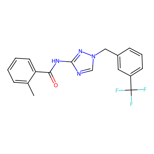 2-methyl-N-[1-[[3-(trifluoromethyl)phenyl]methyl]-1,2,4-triazol-3-yl]benzamide structure