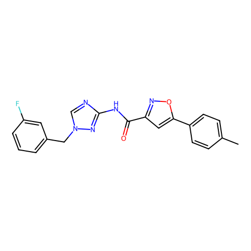 N-[1-[(3-fluorophenyl)methyl]-1,2,4-triazol-3-yl]-5-(4-methylphenyl)-1,2-oxazole-3-carboxamide structure
