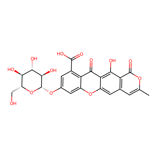 1H,11H-Pyrano(3,4-b)xanthene-10-carboxylic acid, 8-(beta-D-glucopyranosyloxy)-12-hydroxy-3-methyl-1,11-dioxo- structure
