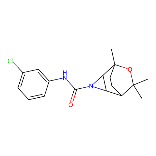 N-(3-Chlorophenyl)-5,7,7-trimethyl-6-oxa-3-azatricyclo(3.2.2.0(sup 2,4))nonane-3-carboxamide structure