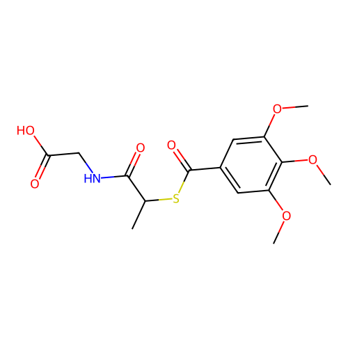 N-(1-oxo-2-((3,4,5-trimethoxybenzoyl)thio)propyl)glycine structure