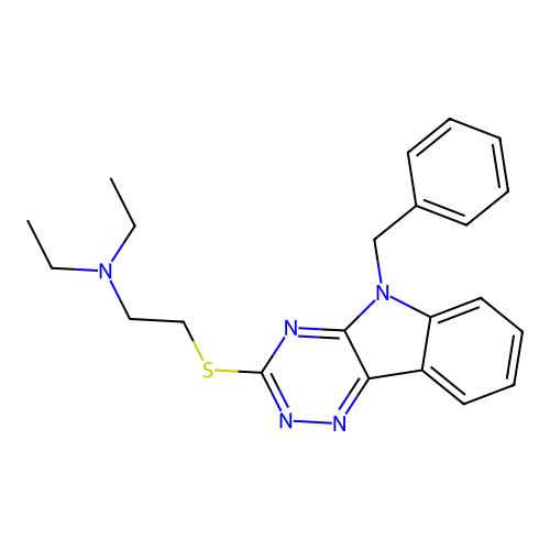 2-[(5-benzyl-[1,2,4]triazino[5,6-b]indol-3-yl)sulfanyl]-N,N-diethylethanamine structure