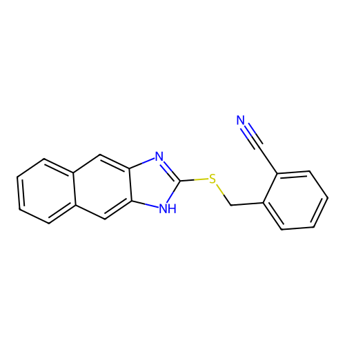 2-(1H-benzo[f]benzimidazol-2-ylsulfanylmethyl)benzonitrile structure