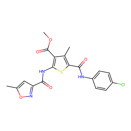 methyl 5-((4-chlorophenyl)carbamoyl)-4-methyl-2-(5-methylisoxazole-3-carboxamido)thiophene-3-carboxylate structure