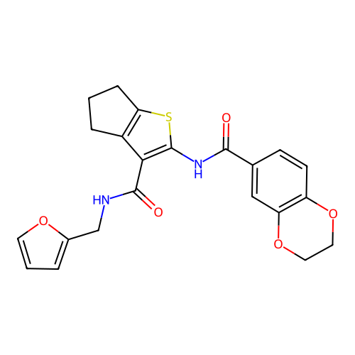 N-[3-(furan-2-ylmethylcarbamoyl)-5,6-dihydro-4H-cyclopenta[b]thiophen-2-yl]-2,3-dihydro-1,4-benzodioxine-6-carboxamide structure
