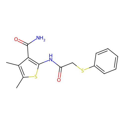 4,5-Dimethyl-2-(2-phenylthioacetylamino)thiophene-3-carboxamide structure