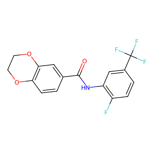N-[2-fluoro-5-(trifluoromethyl)phenyl]-2,3-dihydro-1,4-benzodioxine-6-carboxamide structure