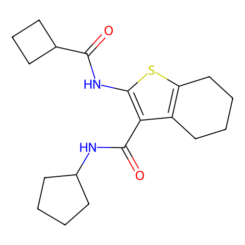 2-(cyclobutanecarbonylamino)-N-cyclopentyl-4,5,6,7-tetrahydro-1-benzothiophene-3-carboxamide structure