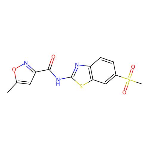 5-methyl-N-(6-methylsulfonyl-1,3-benzothiazol-2-yl)-1,2-oxazole-3-carboxamide structure