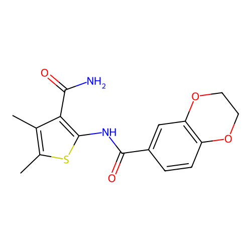 N-(3-carbamoyl-4,5-dimethylthiophen-2-yl)-2,3-dihydro-1,4-benzodioxine-6-carboxamide structure