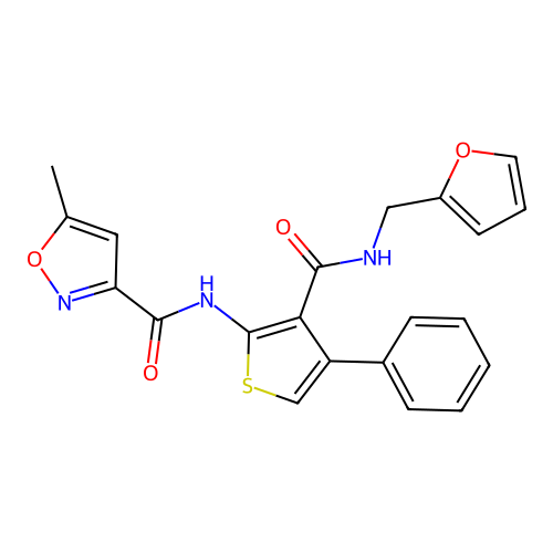 N-[3-(furan-2-ylmethylcarbamoyl)-4-phenylthiophen-2-yl]-5-methyl-1,2-oxazole-3-carboxamide structure