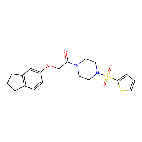 2-(2,3-dihydro-1H-inden-5-yloxy)-1-(4-thiophen-2-ylsulfonylpiperazin-1-yl)ethanone structure