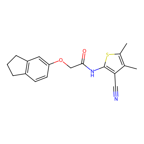 N-(3-cyano-4,5-dimethylthiophen-2-yl)-2-(2,3-dihydro-1H-inden-5-yloxy)acetamide structure
