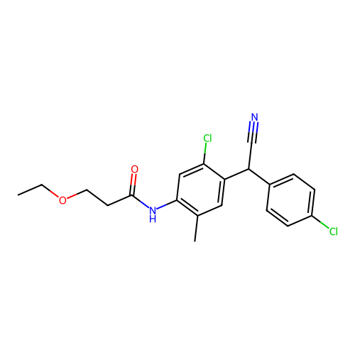 N-{5-chloro-4-[(4-chlorophenyl)(cyano)methyl]-2-methylphenyl}-3-ethoxypropanamide structure