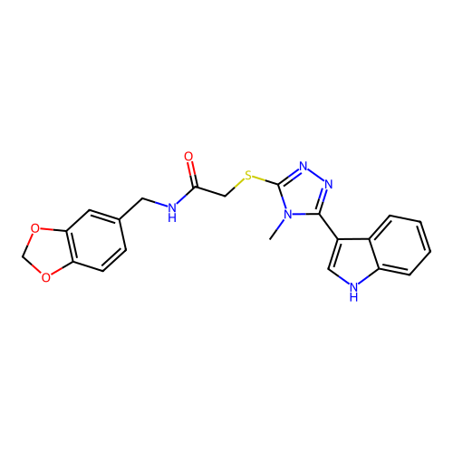 N-[(2H-1,3-benzodioxol-5-yl)methyl]-2-{[5-(1H-indol-3-yl)-4-methyl-4H-1,2,4-triazol-3-yl]sulfanyl}acetamide structure
