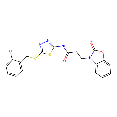 N-[5-[(2-chlorophenyl)methylsulfanyl]-1,3,4-thiadiazol-2-yl]-3-(2-oxo-1,3-benzoxazol-3-yl)propanamide structure