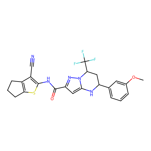 N-(3-cyano-5,6-dihydro-4H-cyclopenta[b]thiophen-2-yl)-5-(3-methoxyphenyl)-7-(trifluoromethyl)-4,5,6,7-tetrahydropyrazolo[1,5-a]pyrimidine-2-carboxamide structure