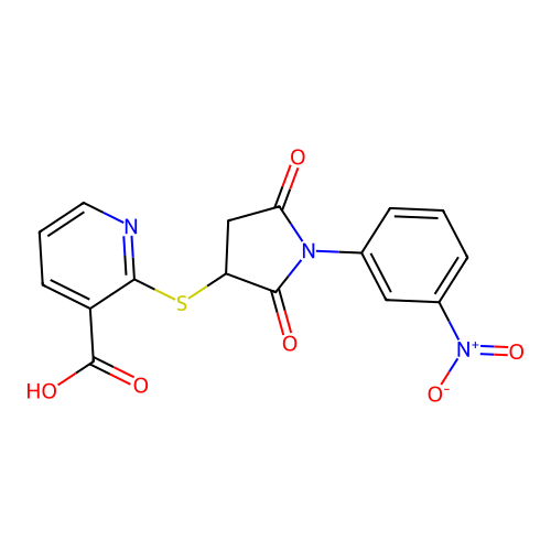 2-[1-(3-Nitrophenyl)-2,5-dioxopyrrolidin-3-yl]sulfanylpyridine-3-carboxylic acid structure