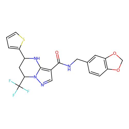 N-(1,3-benzodioxol-5-ylmethyl)-5-(thiophen-2-yl)-7-(trifluoromethyl)-4,5,6,7-tetrahydropyrazolo[1,5-a]pyrimidine-3-carboxamide structure