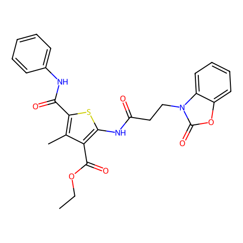 ethyl 4-methyl-2-{[3-(2-oxo-1,3-benzoxazol-3(2H)-yl)propanoyl]amino}-5-(phenylcarbamoyl)thiophene-3-carboxylate structure