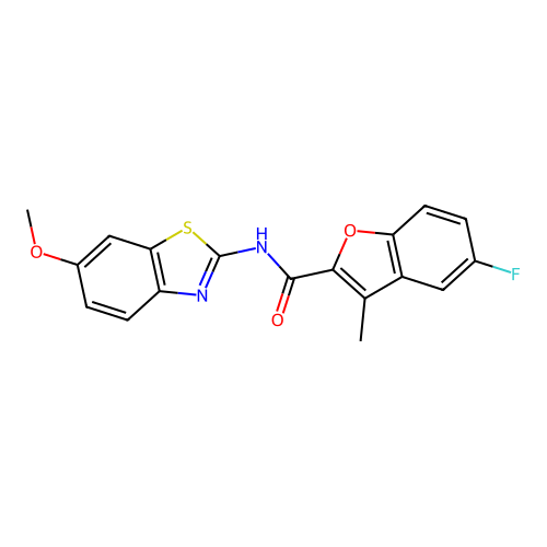 5-fluoro-N-(6-methoxy-1,3-benzothiazol-2-yl)-3-methyl-1-benzofuran-2-carboxamide structure