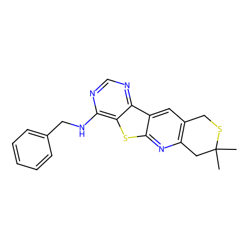 N-benzyl-8,8-dimethyl-8,10-dihydro-7H-thiopyrano[3'',4'':5',6']pyrido[3',2':4,5]thieno[3,2-d]pyrimidin-4-amine structure