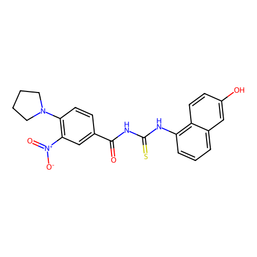 N-[(6-hydroxynaphthalen-1-yl)carbamothioyl]-3-nitro-4-pyrrolidin-1-ylbenzamide structure