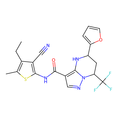N-(3-cyano-4-ethyl-5-methylthiophen-2-yl)-5-(furan-2-yl)-7-(trifluoromethyl)-4,5,6,7-tetrahydropyrazolo[1,5-a]pyrimidine-3-carboxamide structure