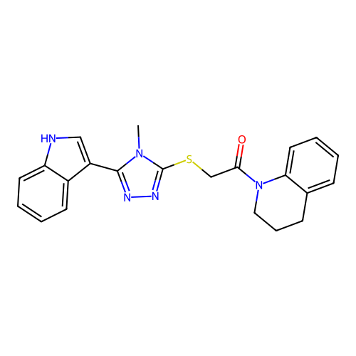 2-{[5-(1H-indol-3-yl)-4-methyl-4H-1,2,4-triazol-3-yl]sulfanyl}-1-(1,2,3,4-tetrahydroquinolin-1-yl)ethan-1-one structure