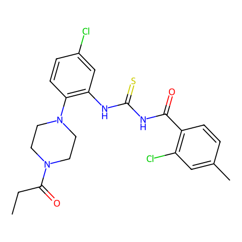 2-chloro-N-[[5-chloro-2-(4-propanoylpiperazin-1-yl)phenyl]carbamothioyl]-4-methylbenzamide structure