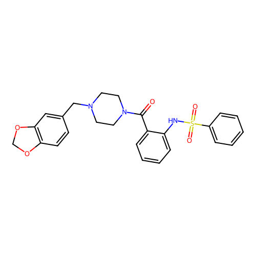 N-[2-[4-(1,3-benzodioxol-5-ylmethyl)piperazine-1-carbonyl]phenyl]benzenesulfonamide structure
