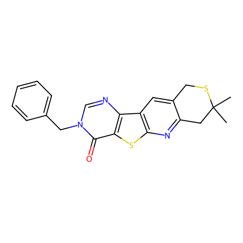 3-benzyl-8,8-dimethyl-7,10-dihydro-8H-thiopyrano[3'',4'':5',6']pyrido[3',2':4,5]thieno[3,2-d]pyrimidin-4(3H)-one structure
