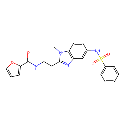 N-[2-[5-(benzenesulfonamido)-1-methylbenzimidazol-2-yl]ethyl]furan-2-carboxamide structure