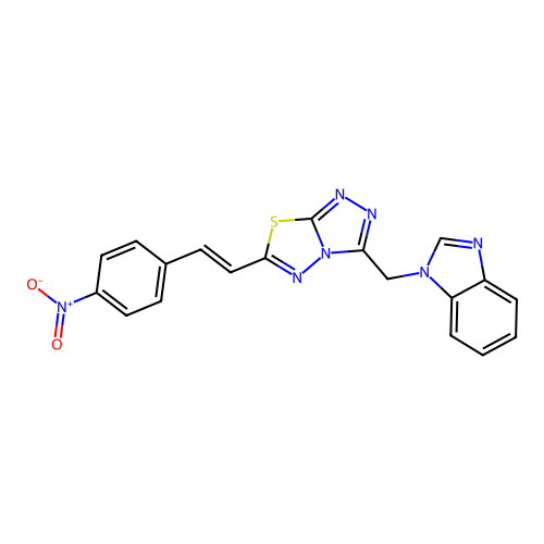3-(benzimidazol-1-ylmethyl)-6-[(E)-2-(4-nitrophenyl)ethenyl]-[1,2,4]triazolo[3,4-b][1,3,4]thiadiazole structure